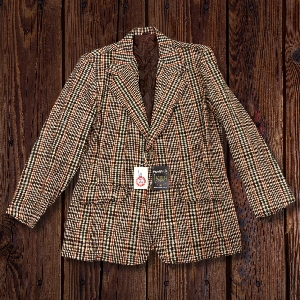 Vtg 70s Vanderbilt Plaid Blazer Men 44 Brown Rust Green Wool Blend USA Made NOS